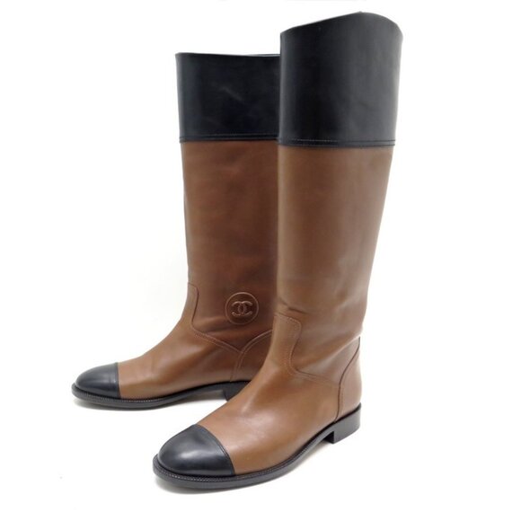 CHANEL Brown Black CC Logo Equestrian Riding Boots